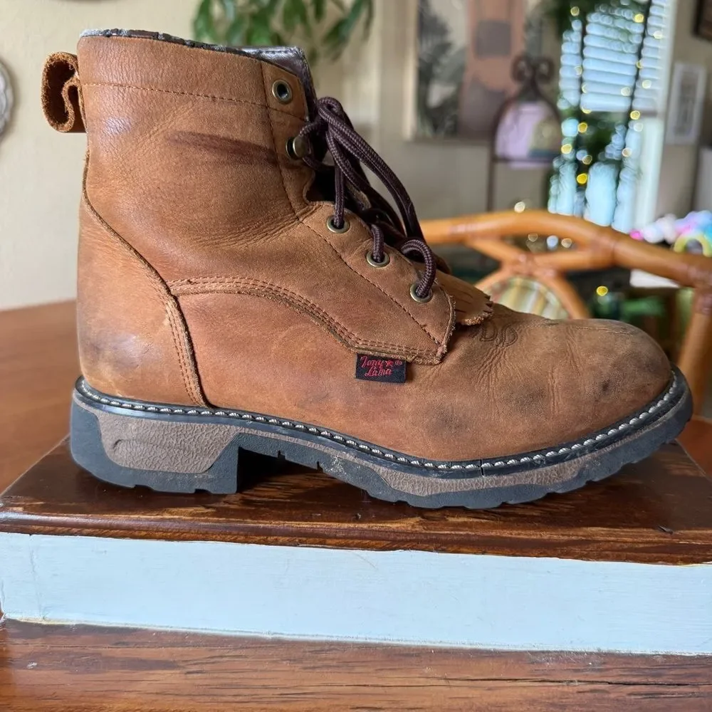 Tony Lama Youth Brown Boho Western Prairie Style Leather Lace-Up Kiltie Boots 3